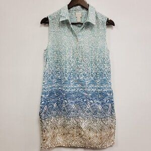Chicos‎ Womens Coastal Linen Button Up Tunic Top Size 0 S Beach Resort Vacation
